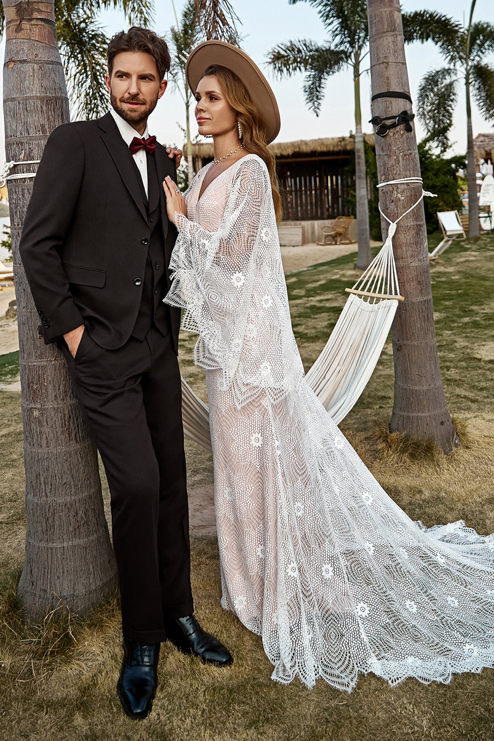 Ivory V- Neck Mermaid Lace Boho Wedding Dress With Cape