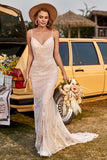 Ivory Spaghetti Straps Mermaid Lace Beach Wedding Dress With Sweep Train