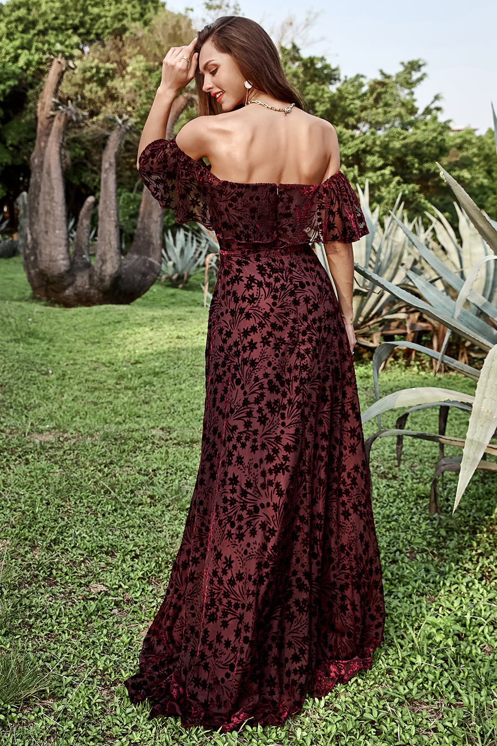 Burgundy A Line Off the Shoulder Long Ball Dress with Belt