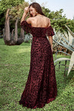 Burgundy A Line Off the Shoulder Long Ball Dress with Belt
