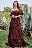 Burgundy A Line Off the Shoulder Long Ball Dress with Belt