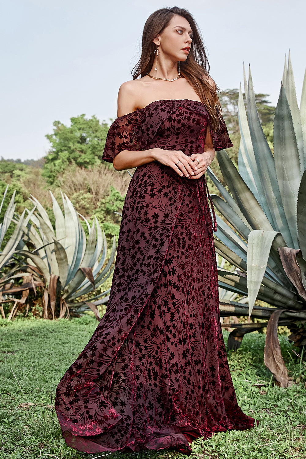 Burgundy A Line Off the Shoulder Long Ball Dress with Belt