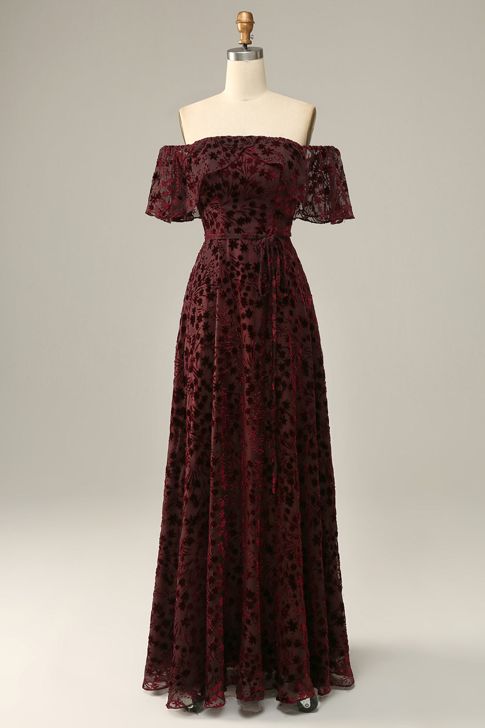 Burgundy Flower Off The Shoulder Ball Evening Dress