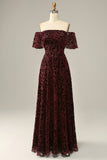 Burgundy Flower Off The Shoulder Ball Evening Dress
