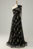 A-Line One Shoulder Black Long Ball Dress With Embroidery