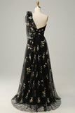 A-Line One Shoulder Black Long Ball Dress With Embroidery