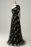 A-Line One Shoulder Green Long Ball Dress With Embroidery