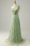 A-Line One Shoulder Black Long Ball Dress With Embroidery