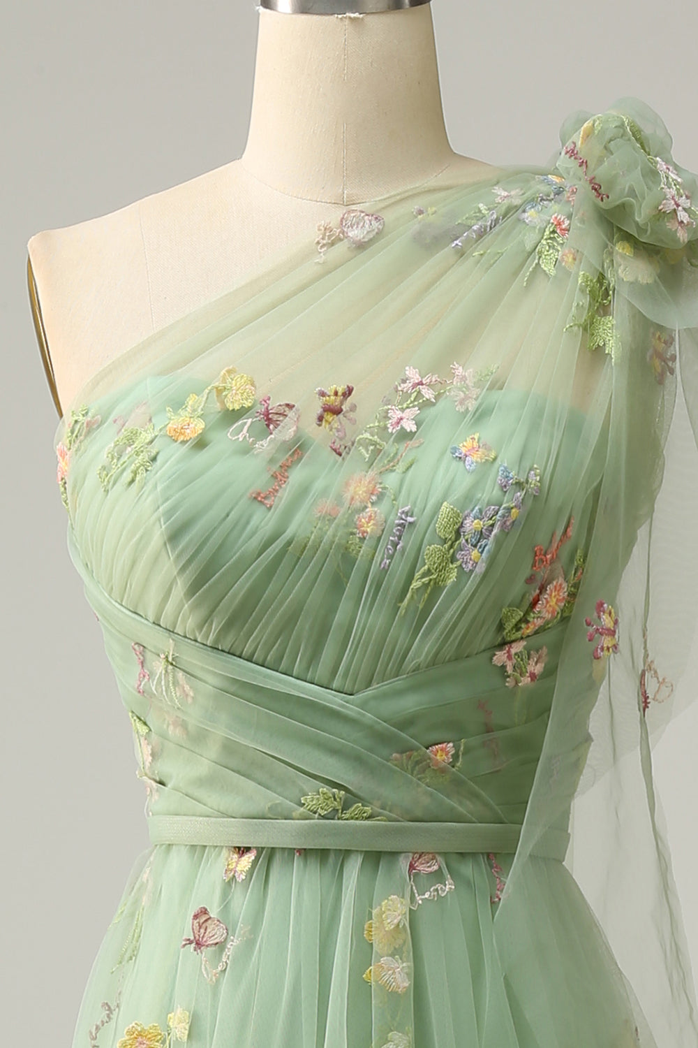 A-Line One Shoulder Green Long Ball Dress With Embroidery