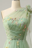A-Line One Shoulder Green Long Ball Dress With Embroidery