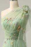 A-Line One Shoulder Green Long Ball Dress With Embroidery