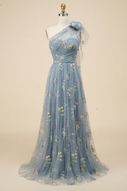A-Line Grey Blue Long Ball Dress With Embroidery