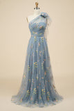 A-Line Grey Blue Long Ball Dress With Embroidery