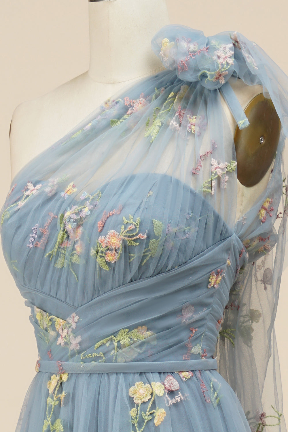 A-Line Grey Blue Long Ball Dress With Embroidery