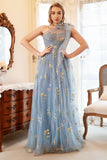 A Line One Shoulder Grey Blue Plus Size Ball Dress with Embroidery