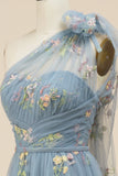 A-Line Grey Blue Long Ball Dress With Embroidery