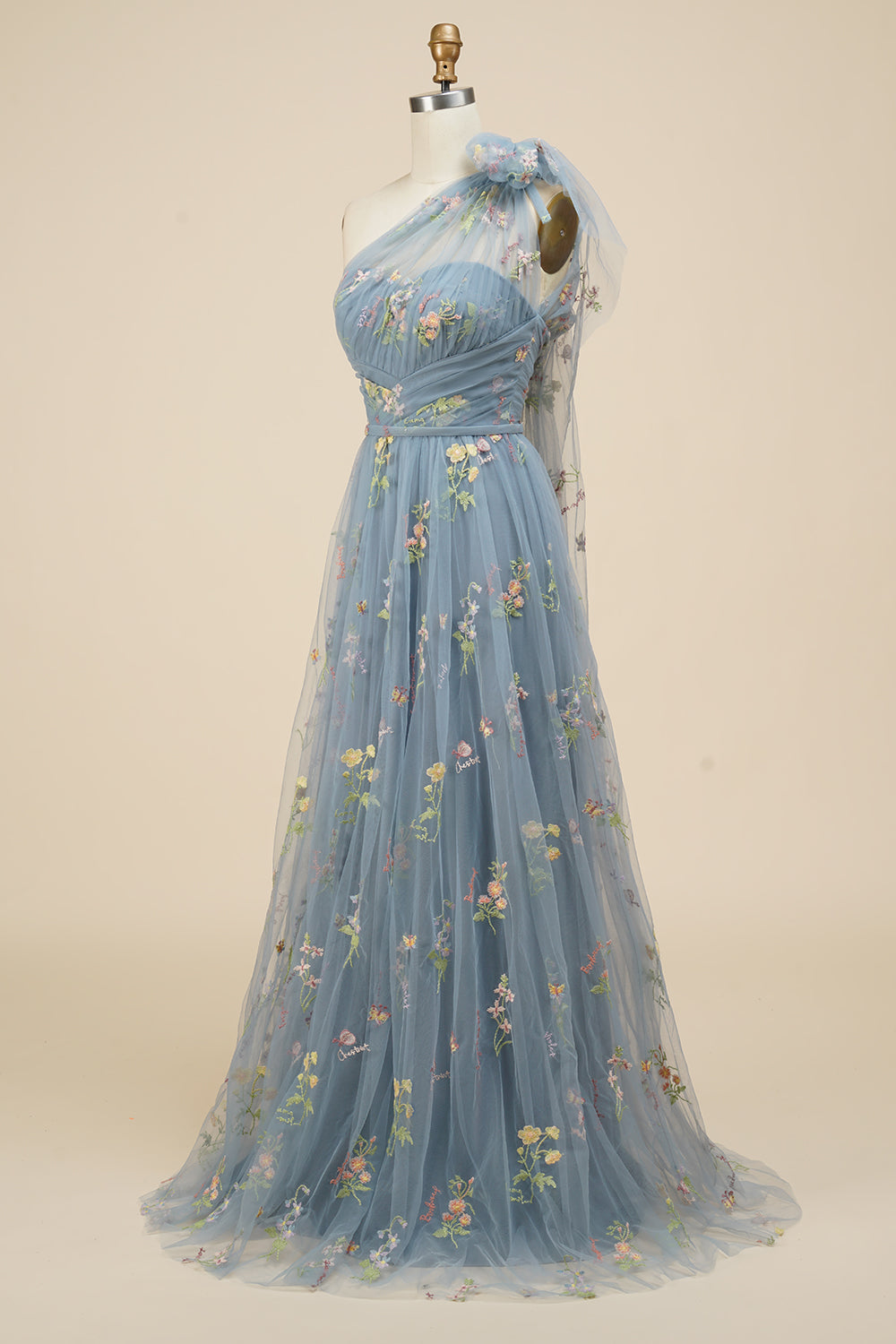A-Line One Shoulder Black Long Ball Dress With Embroidery