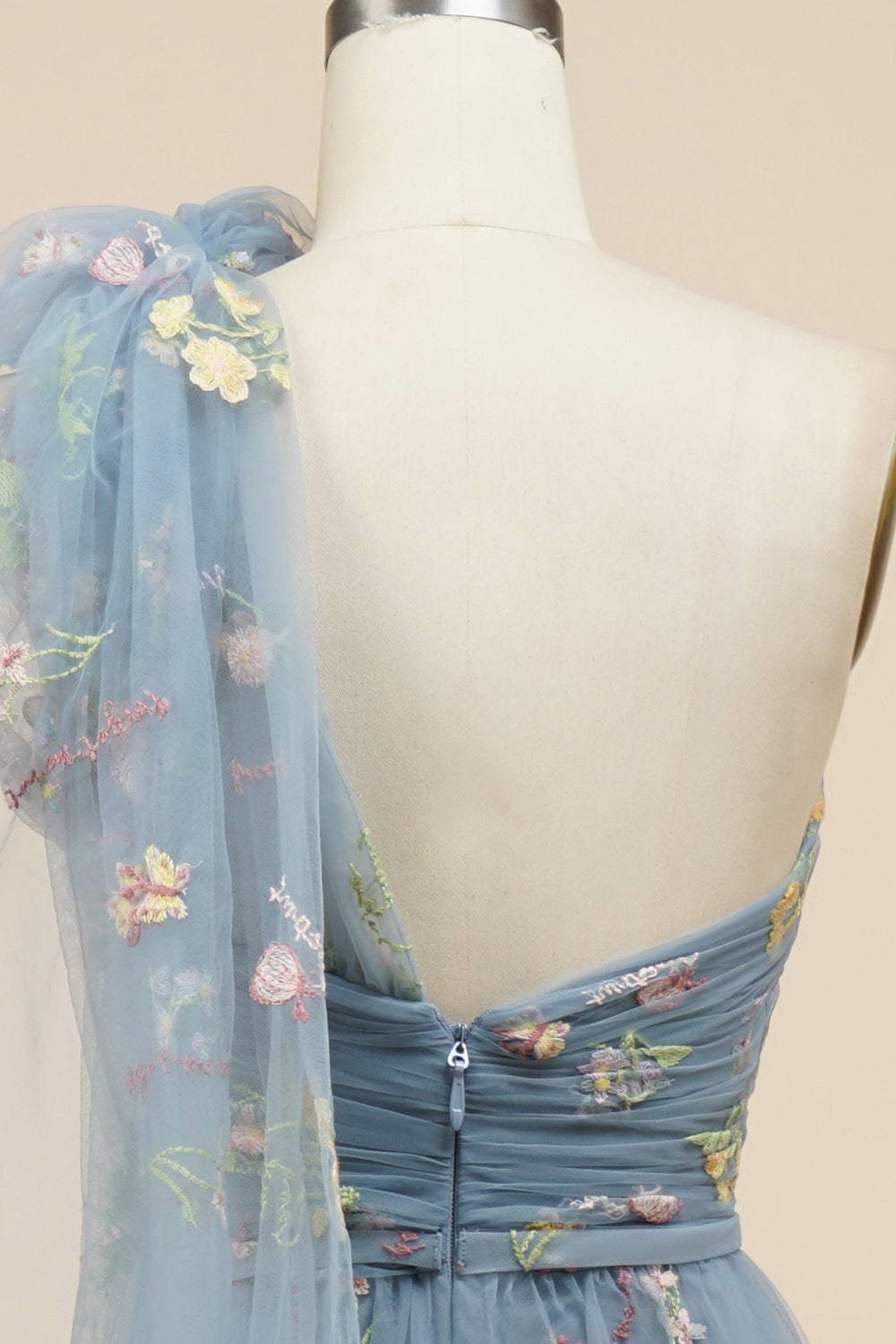 A-Line Grey Blue Long Ball Dress With Embroidery