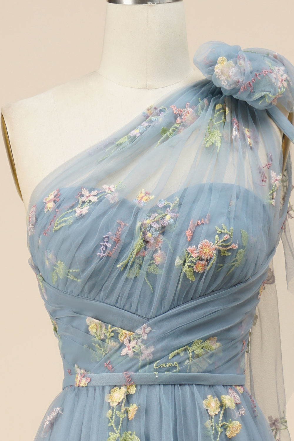 A-Line Grey Blue Long Ball Dress With Embroidery