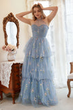 A Line Halter Grey Blue Plus Size Ball Dress with Embroidery