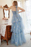 A Line Halter Grey Blue Plus Size Ball Dress with Embroidery