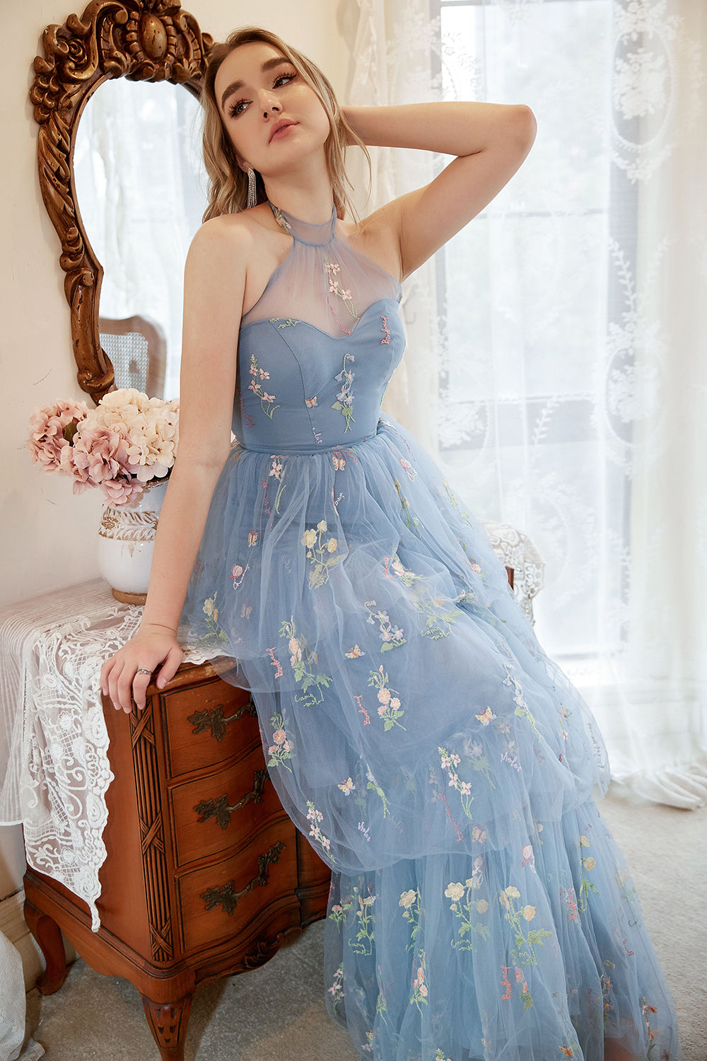 A Line Halter Grey Blue Plus Size Ball Dress with Embroidery