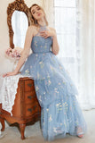 A Line Halter Grey Blue Plus Size Ball Dress with Embroidery