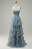 Grey Blue Halter A Line Tulle Ball Dress with Embroidery