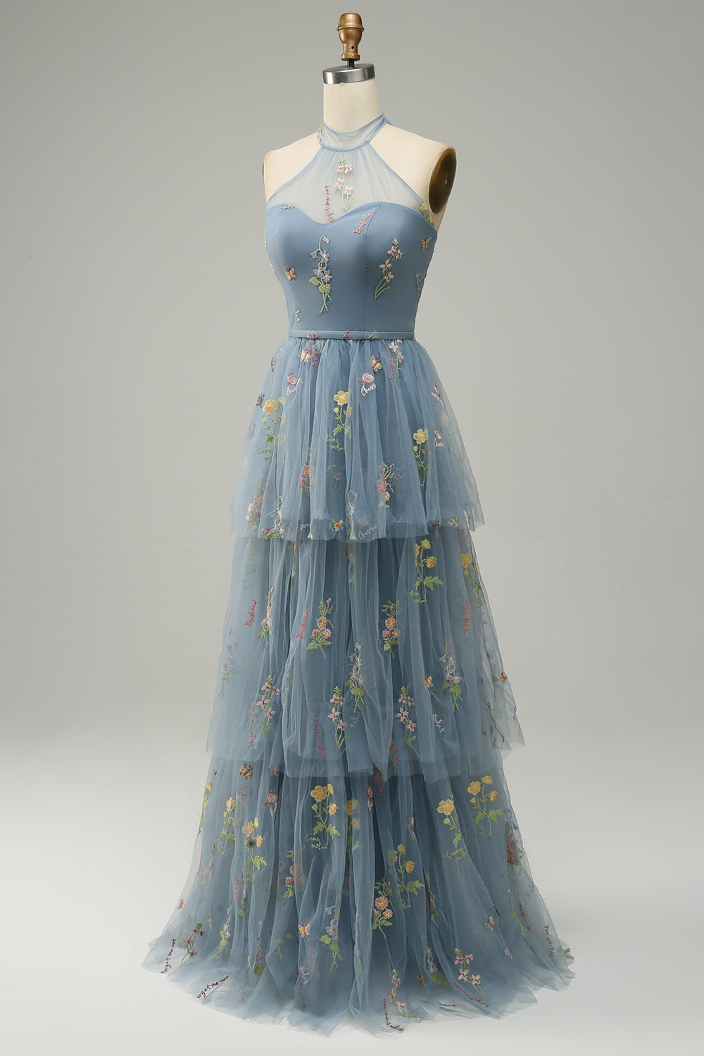Grey Blue Halter A Line Tulle Ball Dress with Embroidery