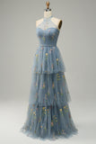 Grey Blue Halter A Line Tulle Ball Dress with Embroidery