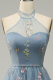 Grey Blue Halter A Line Tulle Ball Dress with Embroidery