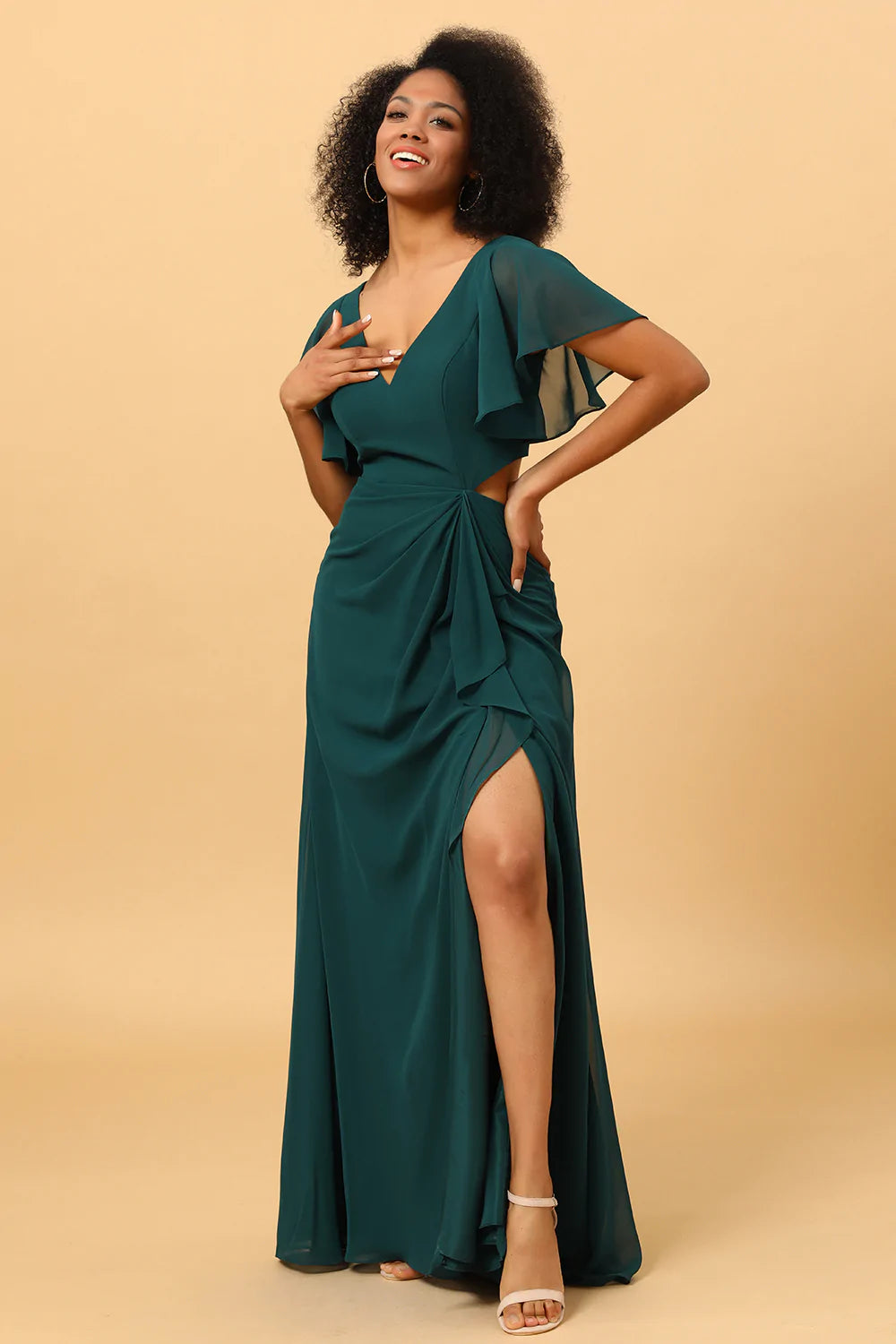 Hollow-out Chiffon Pine Bridesmaid Dress with Ruffles Sleeves
