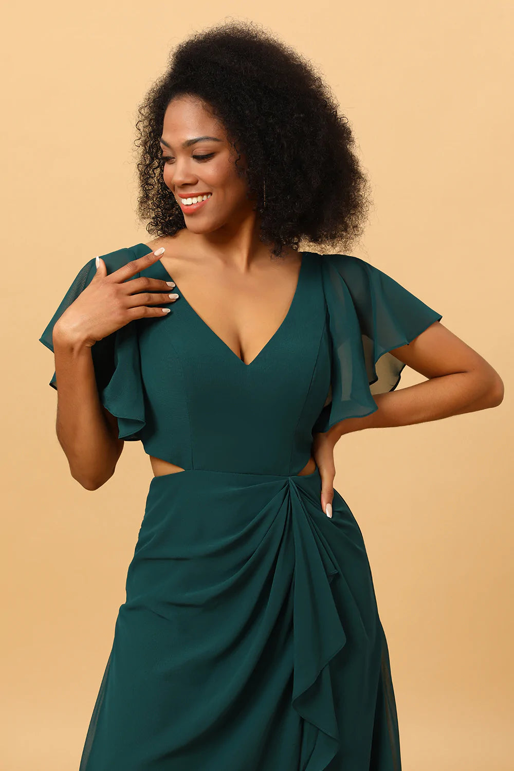 Hollow-out Chiffon Pine Bridesmaid Dress with Ruffles Sleeves