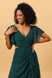 Hollow-out Chiffon Pine Bridesmaid Dress with Ruffles Sleeves