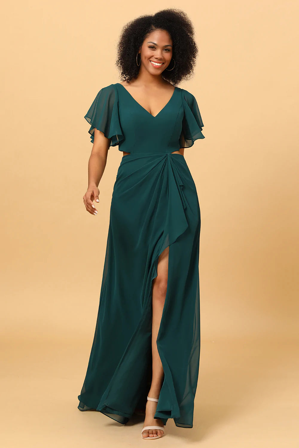 Hollow-out Chiffon Pine Bridesmaid Dress with Ruffles Sleeves