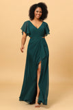 Hollow-out Chiffon Pine Bridesmaid Dress with Ruffles Sleeves