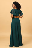 Hollow-out Chiffon Pine Bridesmaid Dress with Ruffles Sleeves