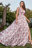 Grey and Pink A Line Deep V Neck Floral Long Ball Dress