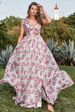 Grey and Pink A Line Deep V Neck Floral Long Ball Dress