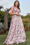 Grey and Pink A Line Deep V Neck Floral Long Ball Dress