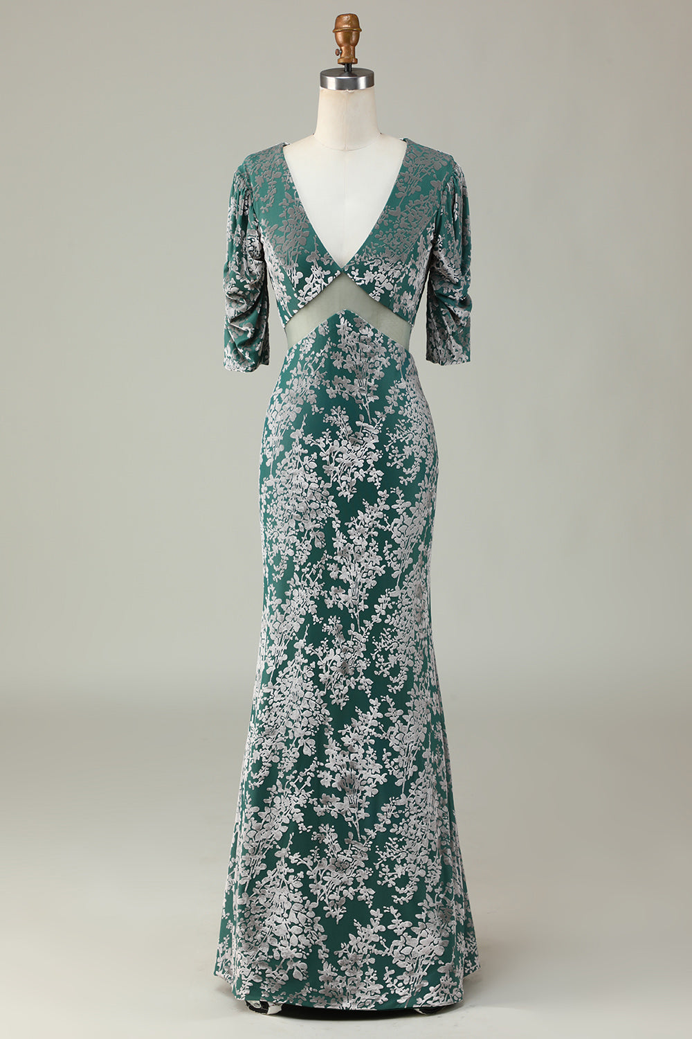 Grey Green Mermaid Velvet Bridesmaid Dress with Sleeves