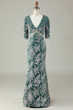 Grey Green Mermaid Velvet Bridesmaid Dress with Sleeves