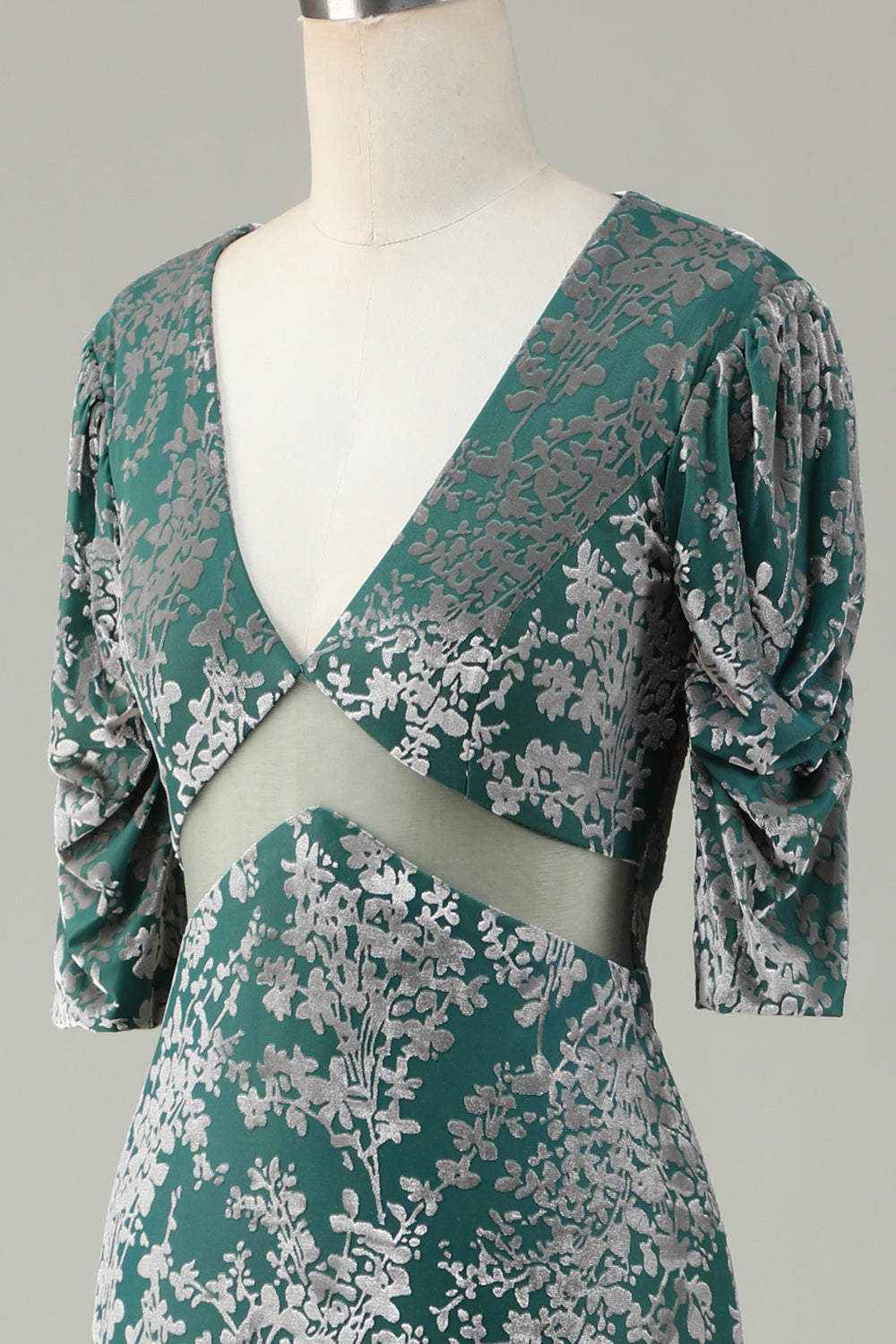 Grey Green Mermaid Velvet Bridesmaid Dress with Sleeves