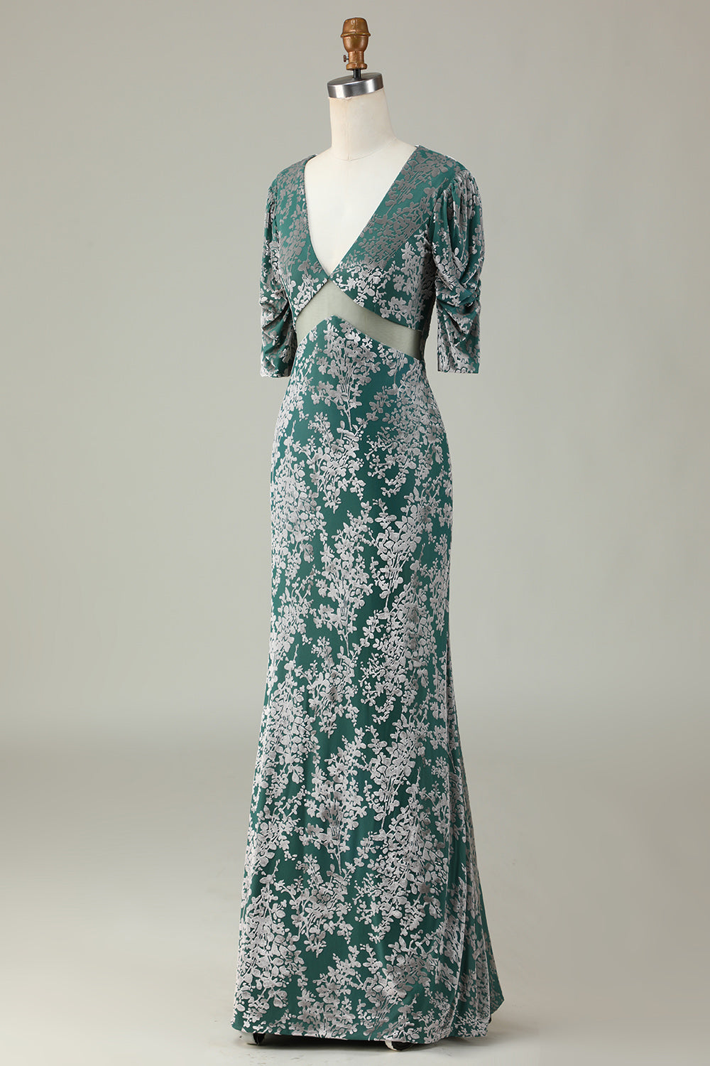 Grey Green Mermaid Velvet Bridesmaid Dress with Sleeves