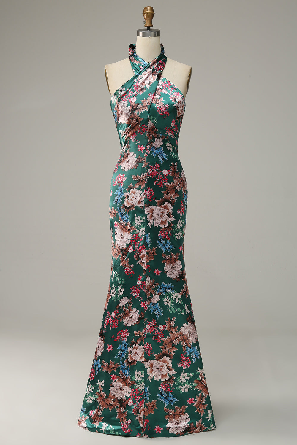 Flower Print Mermaid Halter Satin Ball Dress