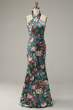 Flower Print Mermaid Halter Satin Ball Dress