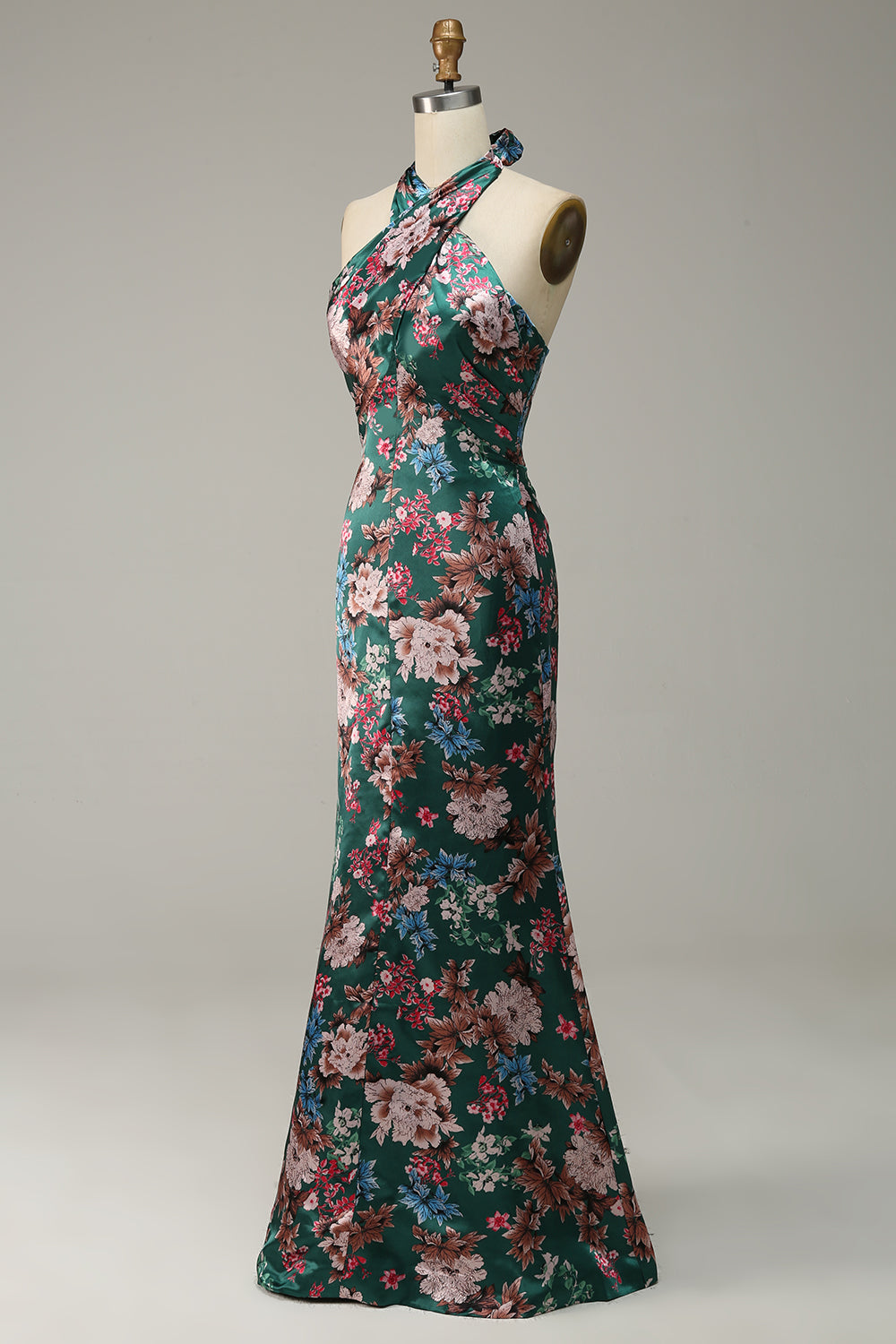 Flower Print Mermaid Halter Satin Ball Dress