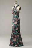 Flower Print Mermaid Halter Satin Ball Dress