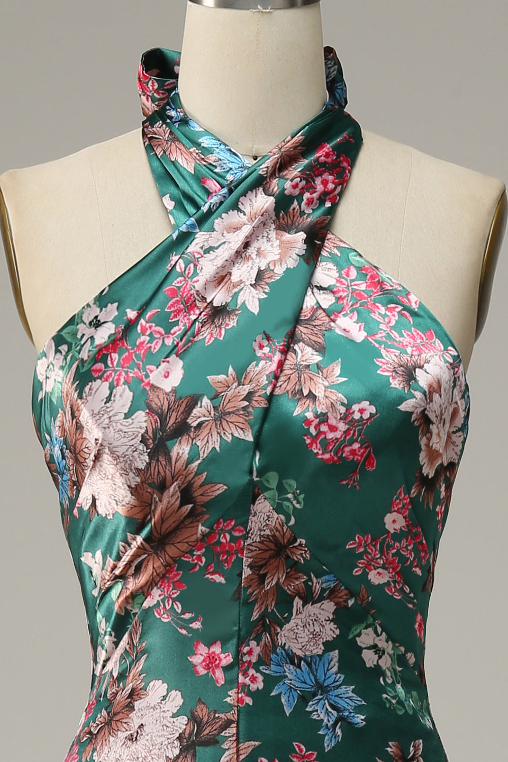 Flower Print Mermaid Halter Satin Ball Dress