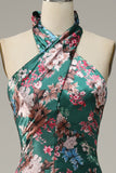 Flower Print Mermaid Halter Satin Ball Dress